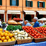 **

A vibrant farmer's market scene in a sunny Italian piazza. Stalls overflow with colorful seasonal produce: ripe tomatoes, fragrant basil, artichokes, and freshly baked bread. Local families are browsing, chatting with the farmers, and sampling cheeses. In the background, a charming Italian townscape with terracotta rooftops. Capture the warmth and community spirit of the "mercato contadino" (farmer's market) and the abundance of the Mediterranean diet.

**