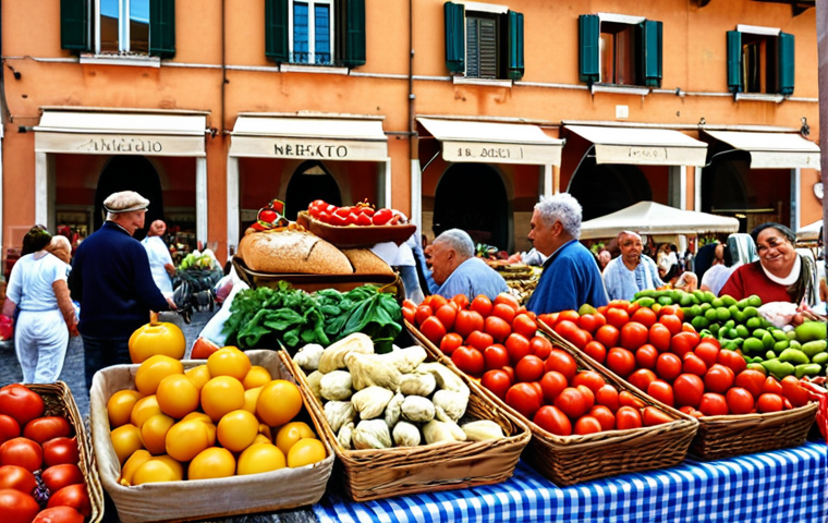 **
A vibrant farmer's market scene in a sunny Italian piazza. Stalls overflow with colorful seasonal produce: ripe tomatoes, fragrant basil, artichokes, and freshly baked bread. Local families are browsing, chatting with the farmers, and sampling cheeses. In the background, a charming Italian townscape with terracotta rooftops. Capture the warmth and community spirit of the "mercato contadino" (farmer's market) and the abundance of the Mediterranean diet.
**