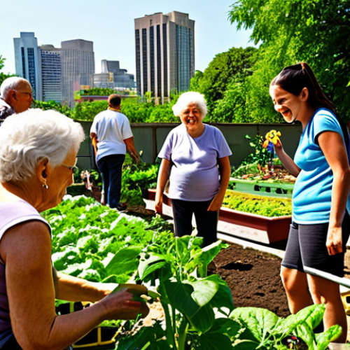 Home 14 **Vibrant urban community garden scene:** Diverse people of all ages, including seniors teaching and children learning, are actively engaged in planting, watering, and harvesting in a lush, productive urban garden. The atmosphere is joyful and collaborative, showcasing intergenerational connection and cultural exchange. A bustling cityscape is visible in the background, contrasting with the verdant oasis. Emphasize natural light and a sense of shared purpose.