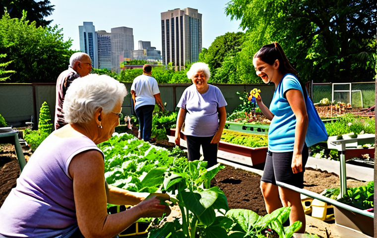 **Vibrant urban community garden scene:** Diverse people of all ages, including seniors teaching and children learning, are actively engaged in planting, watering, and harvesting in a lush, productive urban garden. The atmosphere is joyful and collaborative, showcasing intergenerational connection and cultural exchange. A bustling cityscape is visible in the background, contrasting with the verdant oasis. Emphasize natural light and a sense of shared purpose.
