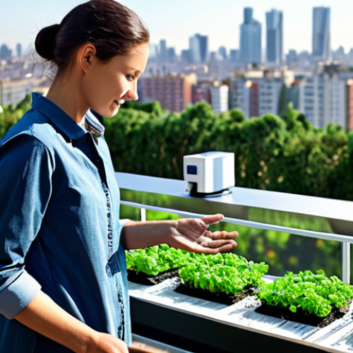 Home 7 A person, fully clothed in modest, comfortable gardening attire, standing on a sunny urban balcony garden. They are gently interacting with a smart irrigation system, surrounded by lush, healthy plants with visible moisture sensors and automated tubes. The background shows a modern city skyline. High resolution, detailed, natural lighting, professional photography, safe for work, appropriate content, fully clothed, perfect anatomy, correct proportions, natural pose, well-formed hands, proper finger count, natural body proportions, family-friendly.