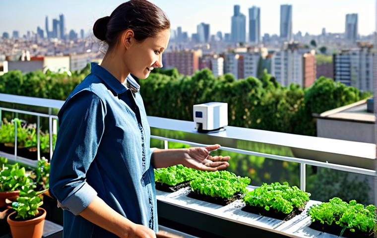 A person, fully clothed in modest, comfortable gardening attire, standing on a sunny urban balcony garden. They are gently interacting with a smart irrigation system, surrounded by lush, healthy plants with visible moisture sensors and automated tubes. The background shows a modern city skyline. High resolution, detailed, natural lighting, professional photography, safe for work, appropriate content, fully clothed, perfect anatomy, correct proportions, natural pose, well-formed hands, proper finger count, natural body proportions, family-friendly.