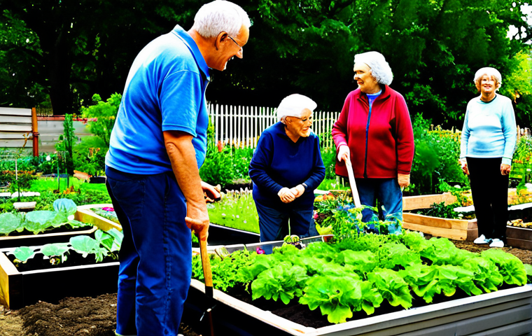 A diverse group of adults and seniors, all fully clothed in modest, comfortable gardening attire, actively engaged in a vibrant urban community garden. They are sharing ideas and tending to raised garden beds filled with healthy vegetables and herbs, with simple gardening tools nearby. The scene conveys a sense of connection, shared purpose, and joy, bathed in natural sunlight. safe for work, appropriate content, fully clothed, family-friendly, perfect anatomy, correct proportions, natural pose, well-formed hands, proper finger count, natural body proportions, professional photography, high quality.