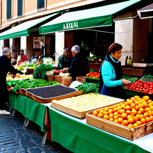 Home 6 도시 식량 정의 활동의 경제적 이점 - Urban Farmer's Market**
"A vibrant farmer's market in a bustling piazza in Rome, Italy. Vendors are...