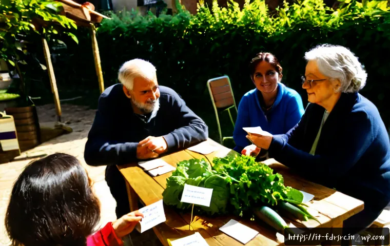 Home 13 도시 식량 정의 참여를 위한 워크숍 개최 - Photorealistic community workshop on urban food justice in a sunlit neighborhood garden in Bologna, ...